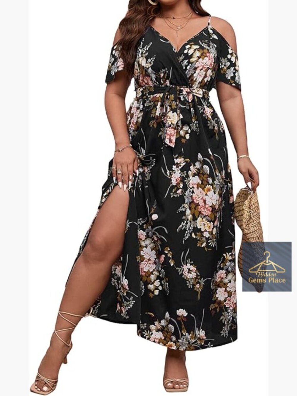 Plus Size Cold Shoulder Maxi Dress with Split Thigh, Floral Print